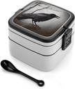 Bento Box Stackable Lunch Box with 2 Compartments Leak-Proof Food Storage Containers Crow Birds Bento Lunch Box for Adults Lunch Containers with Utensil Set, Black