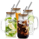 DRASTAR 24oz Iced Coffee Cups Set of 4, Mason Jar Cups, Glass Cups with Lids and Straws, Mason Jars with Handles, Mason Jar Drinking Glasses