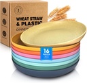 Teivio 16-Piece Wheat Straw Kids Plates,9.8'' Deep Dinner Plate,Dishwasher Safe, Reusable Unbreakable Salad Plates,Dessert Kitchen Plastic Dinner Plates Set,Service for 16,Multicolor ﻿
