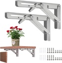 2 Pcs Heavy Duty 304 Stainless Steel Collapsible Triangle Shelf Bracket, Folding Shelf Brackets, DIY Wall Mounted Folding Table Hinge, Space Saving for Bench Table with Screws (Silver, 12 in)