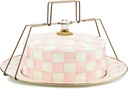 MACKENZIE-CHILDS Enamel Cake Carrier, Cake-Dish Serving Platter with Lid and Handles, Pink-and-White Rosy Check