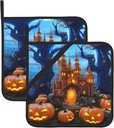 Pot Holders Heat Resistant Kitchen Potholder Non-Slip Cotton Lining Halloween Castle Pumpkin Oven Hot Pads for Microwave Cooking Baking BBQ,Set of 2