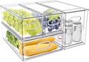 MANO Fridge Drawer Pull Out Stackable Bins with Handle Clear Refrigerator Drawers Organizer Food Storage Container Box with Dividers Plastic Produce Saver for Pantry, Cabinet, Kitchen, Clothes（4Pack）