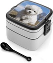 Bichon Frise Dog Bento Box for Adults Double Layer Lunch Box with Spoon And Invisible Handle Microwave Dishwasher Safe Leak Proof Meal Prep Lunch Containers for Office Picnic