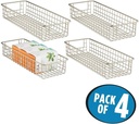 mDesign Metal Wire Food Storage Shallow Basket Organizer with Handles for Organizing Kitchen Cabinets, Pantry Shelf, Bathroom, Laundry Room, Closets, Garage - Concerto Collection - 4 Pack - Satin