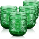Joeyan Vintage Green Drinking Glasses Set of 4,9 oz Embossed Sunflower Small Water Glass Tumbler Cups,Colored Romantic Beaded Glassware for Beverages Cocktail Juice Wine,Dishwasher Safe
