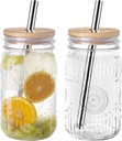 Amzcku 32oz vintage Mason Jars with Bamboo Lids and Stainless Steel Straws -Wide Mouth Quart Canning Jar, Reusable 32oz Boba & Smoothie Cups (2-Pack)