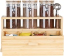 KKC HOME ACCENTS Coffee Tea Bar Station Organizer with Airtight Glass Canisters for Countertop,Bamboo Coffee Bar Organization with Sealed Containers for Coffee Beans and Pods,Loose Tea,Tea Bag,Style A