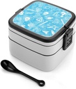 Light Blue Doodle Bento Box with Compartments Double Layer Bento Lunch Box with Spoon And Handle All-in-One Adult Lunchbox Leakproof Lunch Container for Work Picnic Travel