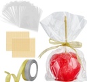 Ocmoiy DIY Candy Apple Kits - 100 Pcs Sticks and Bags With 50 Yard Gold and Silver Glitter Ribbons for Large Caramel Apple Lollipop Making Packaging Supplies
