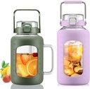 BLUEGO 64oz and 84oz Glass Water Bottles Bundle(64 Olive + 84 Purple) with Straw and Lids Handle Large Water Tumbler with Sleeve, Glass Water Container, 2 Liter Water Jug Glass, BPA Free