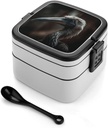 All-in-One Bento Box Stackable Leak-Proof Lunch Box With Carry Handle 2 Layer Portable Meal Prep Container Photographed Bird Lunchbox with Utensils for Dining Out Work, Black