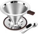 FACIACC Pour Over Coffee Dripper, Professional Stainless Steel Coffee Filter, Paperless and Reusable, Upgraded Double Micro Mesh Filter with Spoon and Silicone Tray, Cleaning Brush (1-2 Cup)