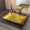 22 Inch Bathroom Vessel Sink with Waterfall Faucet and Pop-Up Drain Combo,Rectangular Bathroom Sink Above Counter Gold Artistic Glass Sink with Black Rim