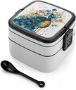 Watercolor Peacock Bento Box Adult Lunch Box All-in-One Lunch Containers with Removable Compartments Double Layer Bento Lunch Box with Spoon And Handle Stackable Lunchbox