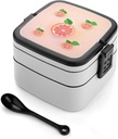 Cute Grapefruit Bento Box with Spoon, 2-layer Stackable Lunch Box Leak Proof with Invisible Handle, Insulated Food Storage for Office, Picnic & Travel