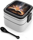 Adult Double-Layer Bento Box Open Book And Light Portable Lunch Box with Spoon And Invisible Handle Leakproof Microwave-Safe Food Container for Work Travel Camping