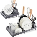 Small Expandable Dish Drying Rack, Adjustable Dish Drainer for Kitchen Counter or in Sink, Stainless Steel Drying Dish Rack, Compact Dish Rack with 3 Slots Utensil Holder,Gray