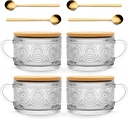 Today's Present 4pcs Vintage Glass Coffee Mugs Gifts for Women, Overnight Oats Containers With Bamboo Lids and Spoons, 14oz Clear Embossed Drinking Glass Cups, Iced Coffee Glasses, Tea Cups