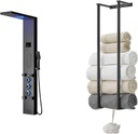 BWE LED Shower Panel,Black Rainfall Shower Panel Tower System,Stainless Steel Shower Tower Bundle with Tower Racks for Bathroom,Wall Mounted Bathroom Towel Storage,304 Stainless Steel Tower Holder