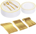 I00000 300 Pcs Gold Plastic Plates with Silverware, White and Gold Plastic Dinnerware Set for Party include: 60Dinner Plate 10.25", 60Dessert Plate 7.5", 60 Silverware Sets for christmas