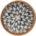 Round Rattan Tray with Mother of Pearl Inlay, Rattan Serving Tray with Wooden Base, Decorative Wicker Basket for Table Decor, Storage and Display of Coffee Bread Food Fruit (Plume 13.5")