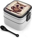 All-in-One Bento Box Stackable Leak-Proof Lunch Box With Carry Handle 2 Layer Portable Meal Prep Container Cute Owl Lunchbox with Utensils for Dining Out Work, Black