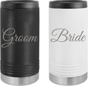 Groom and Bride Can Cooler Stainless Steel Laser Engraved Insulated Slim Newlyweds Couples Wedding Hard Sided Beverage Holder Aluminum Can or Glass Bottle