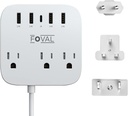 European Travel Plug Adapter, FOVAL EU UK US Power Strip with USB C and 4 USB Ports, 3 AC Outlets, Wall Mountable, 5ft Extension Cord, Compact for Travel, Cruise Ship, Home Office (White)