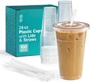 GUSTO [24 oz - 100 Sets Clear Plastic Cups with Lids and Straws – Disposable Iced Coffee Cups for Cold Drinks, Smoothies, and To-Go Beverages – Sturdy, Easy-to-Separate