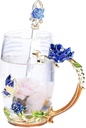 Creative Flower Glass Mug Crystal Glass Tea Cup with Handle for Hot Beverage, Iced Tea, Naked Juice - Blue Butterfly and Blue Rose (Big (350ml) with Gift Box)