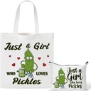 Y1tvei Pickle Canvas Tote Bag - 2Pcs Funny Pickle Makeup Bag Set, Cucumber Just A Girl Who Loves Pickles Canvas Cosmetic Pouch Tote Bag, Reusable Grocery Shopping Bag, Gifts for Pickle Lovers Women