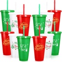 Whaline 12 Pcs Merry Christmas Plastic Tumblers with Lids Straws Reusable Cups 24oz Red Green White Snow Travel Mug Cups for Iced Coffee Beverage Drinks Xmas Party Supplies