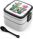 Cactus Flower Bento Box Double-Layer Bento Lunch Container with Spoon And Invisible Handle Adult Leak-Proof Lunchbox for Dining Out Work Picnics Travel