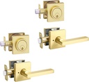 Gold Heavy Duty Privacy Lever Door Handle and Single Cylinder Deadbolt Lock and Key Combo Pack - Locking Lever Set for Left or Right-Handed Doors - Exterior Door Levers - Satin Brass,2pack