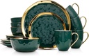 Stone Lain Florian Modern Porcelain 16 Piece Dinnerware Set, Plates and Bowls Set, Dish set for 4, Green and Golden Rim