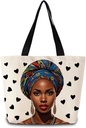 African American Tote Bag Reusable Grocery Bags Aesthetic Shopping Shoulder Handbag with Interior Zipper Pocket Stylish Heart Black Lady Present for Women
