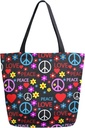 ALAZA Peace Sign Hippie Flower Love Large Canvas Tote Bag Reusable Grocery Shopping Bag with Handles, Heavy Duty, Washable