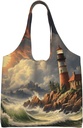 Coast Wave and Lighthouse Canvas Tote Bag for Women Grocery Bag Reusable Aesthetic Shopping Bags Beach Handbag
