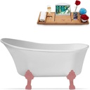 Streamline 55" Clawfoot Soaking Bathtub – Glossy White Acrylic Tub with Internal Drain in Matte Pink – Modern Design with Bamboo Tray – 60 Gallon Capacity