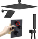 Dual Shower Heads Shower System with 16" Ceiling Mounted Rain Shower Head & 6" Wall Mounted Head Full Body Shower System 3 Way Thermostatic Shower Valve Can All Run Together, Matte Black