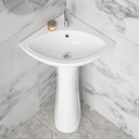 Corner Pedestal Sink White 1 Hole, 23 x 19 Inch Small Bathroom Pedestal Sink Combo, 1 Overflow Hole, 1 Faucet Hole, Pure White Porcelain, Triangular, for Corner of Bathroom