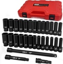 WETT 1/2" Drive Impact Socket Set, 29 Piece Deep Socket with Extension Bar, Cr-V Steel, SAE & Metric, 6 Point, (3/8" - 1", 10-24mm)