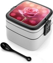 Beautiful Flower Images Bento Box for Adults Double Layer Lunch Box with Spoon And Invisible Handle Microwave Dishwasher Safe Leak Proof Meal Prep Lunch Containers for Office Picnic