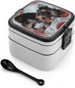Yorkie Puppy Bento Box Adult Lunch Box All-in-One Lunch Containers with Removable Compartments Double Layer Bento Lunch Box with Spoon And Handle Stackable Lunchbox