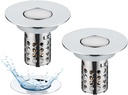 Bathroom Sink Drain Strainer, 2PCS Pop Up 3 in 1 Bathroom Sink Stopper with Removable Stainless Steel Filter Basket Drain Hair Catcher, Sink Plug for 1.1''~2.36'' Basin, Brass Bullet Core, Chrome