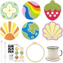 HAND U JOURNEY Craft Punch Needle Coasters Kit - 6 Patterns with Adhesive Felt, Yarns, Embroidery Hoop - Perfect for Adults, Beginners, and Starter with Instructions