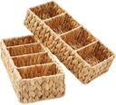 Casafield Set of 2 Water Hyacinth Basket Organizers with 4 Sections, Natural - Woven Storage Bins for Bathroom, Laundry, Pantry, Office, Shelves