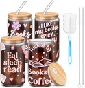 4 Pcs Book Lover Glass Cups with Lid and Straw Christmas Gifts for Bookish 16 oz Drinking Glasses Iced Coffee Cups Can Shape Mug Tumbler for Christmas Women Men Birthday Party Favor Gift