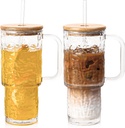 26 oz Water Ripple Glass Tumbler with Handle Lid and Straw, 2 Pack Large Iced Coffee Cups,With Bamboo Lid,for for Hot & Cold Beverages, Smoothies, Tea and Juice, Dishwasher Safe